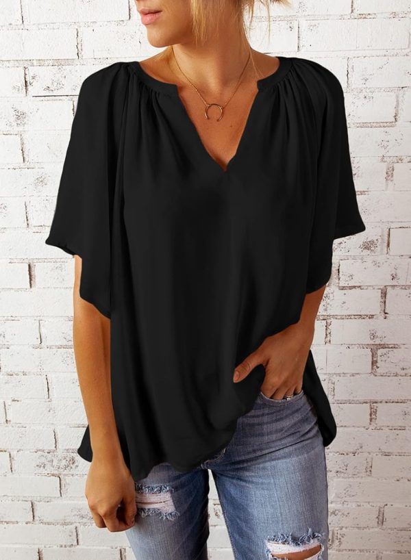 71y_ZiivXbL._AC_SL1500.jpg Womens Chiffon Blouses Casual Solid Bell Sleeve Shirt Loose V Neck Pleated Tunic Tops