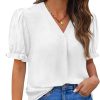 Women Dressy Casual Puff Short Sleeve Summer Tops V Neck Work Blouses