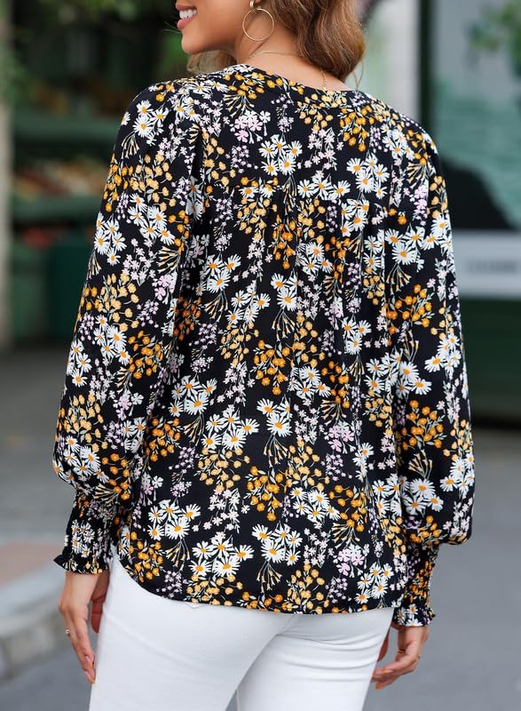 71yx-1wrvLL._AC.jpg Women's Casual V Neck Easel Floral Print Long Sleeve Blouses Smocked Button Down Shirts Bohemian Top
