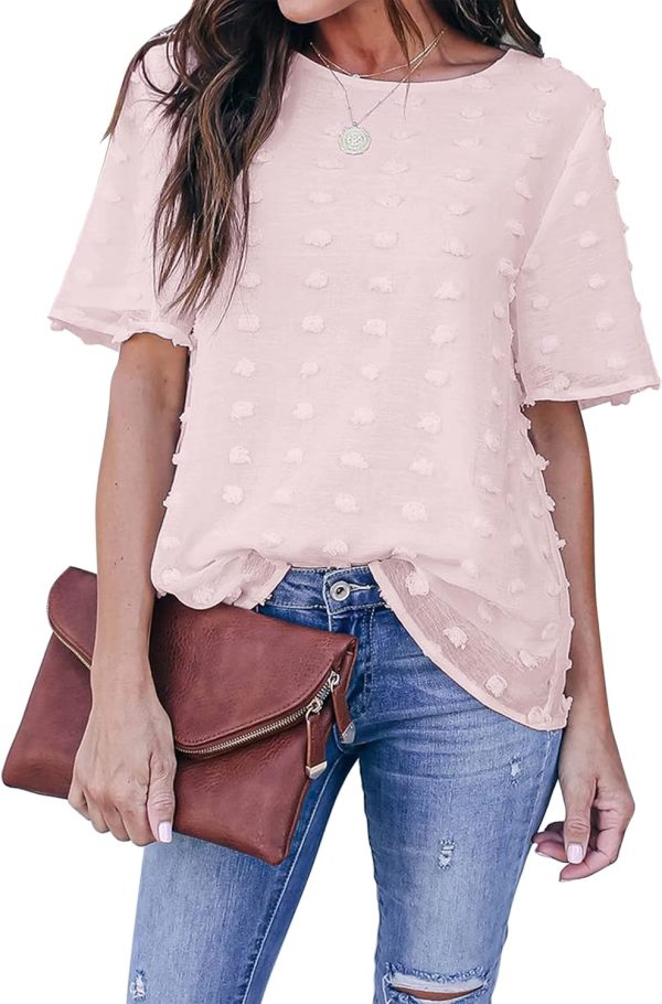 Womens Chiffon Blouse Summer Casual Round Neck Short Sleeve Pom Pom Shirts Top