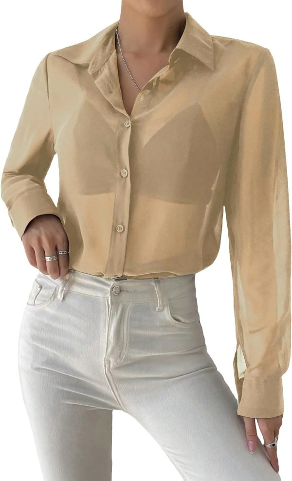 71zyG3HndXL._AC_SL1500.jpg Women's Sheer Mesh Button Up Shirt Long Sleeve See Through Blouse