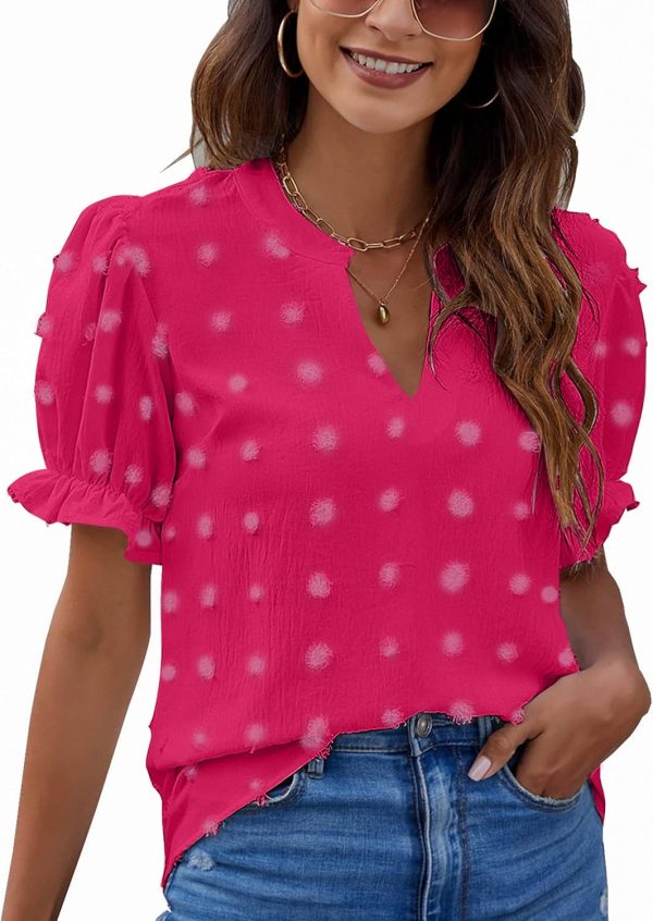 Womens Puff Sleeve Summer Tops Chiffon Short Sleeve Blouses White V Neck Pom Pom Shirts