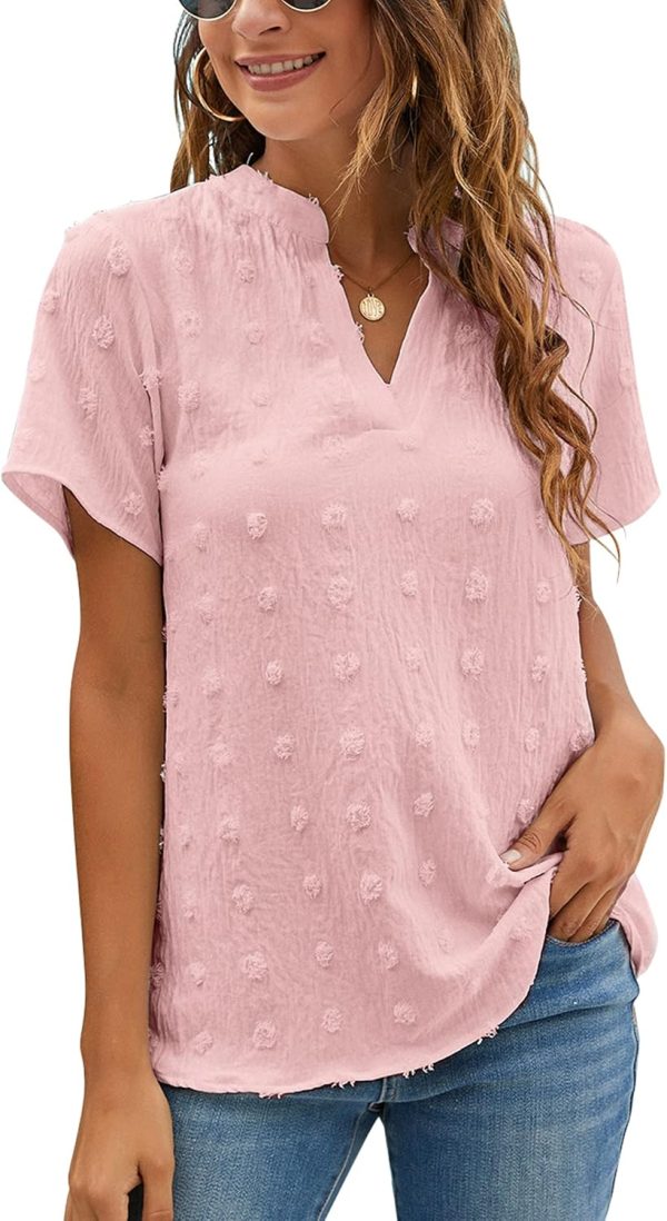 Womens White Chiffon Blouses Short Sleeve V Neck Shirts Summer Casual Polka Dot Tops