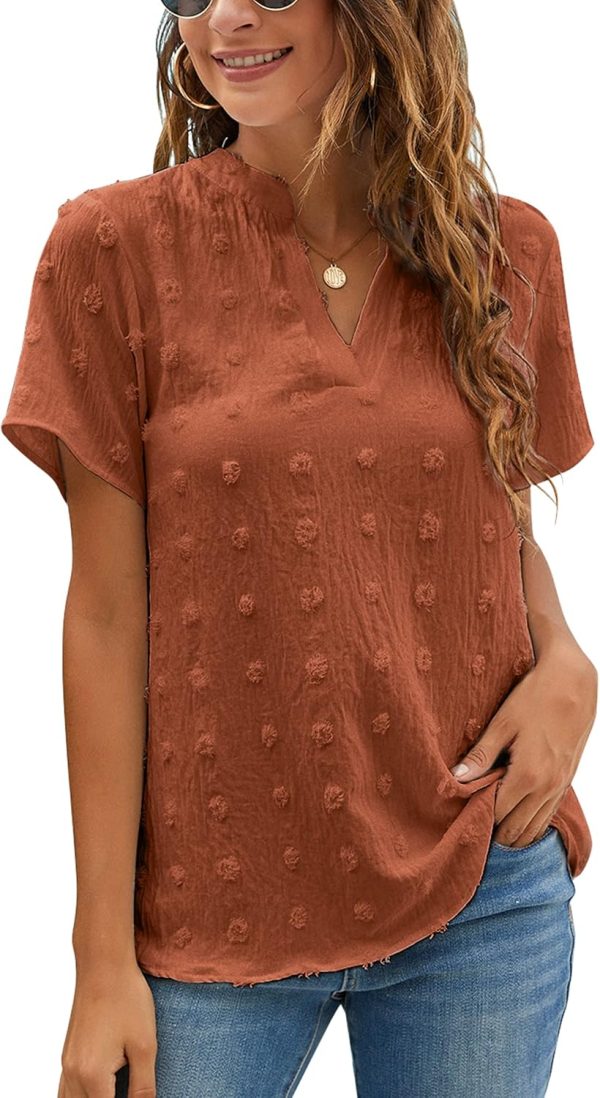 Womens White Chiffon Blouses Short Sleeve V Neck Shirts Summer Casual Polka Dot Tops