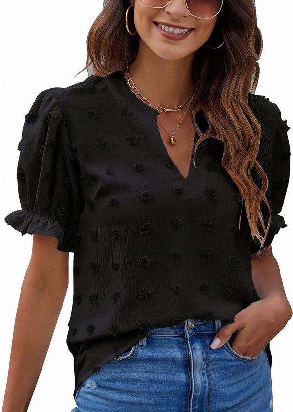 Womens Puff Sleeve Summer Tops Chiffon Short Sleeve Blouses White V Neck Pom Pom Shirts