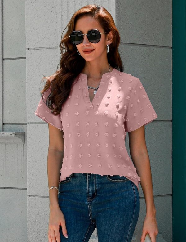 Womens White Chiffon Blouses Short Sleeve V Neck Shirts Summer Casual Polka Dot Tops