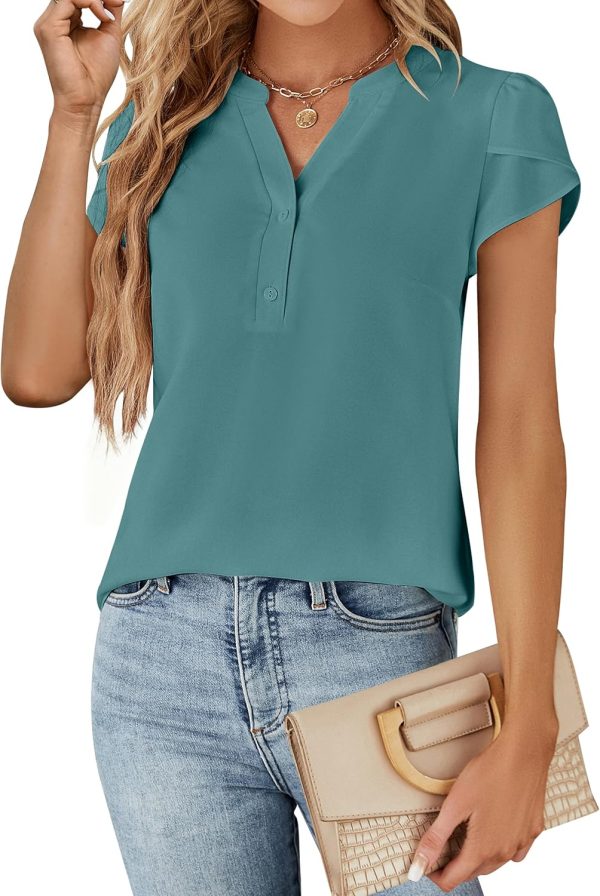 Womens Dressy Casual Tops Business Casual Cap Sleeve Work Blouses Chiffon V Neck Button Down Shirts