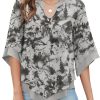 Womens 3/4 Sleeve Chiffon Blouses V Neck Double Layers Mesh Shirts Dressy Flowy Tunic Tops (M-5XL)