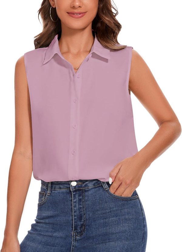Womens Sleeveless Button Down Shirt Classic Collared Blouse Basic Tank Tops Work Office Chiffon Tops