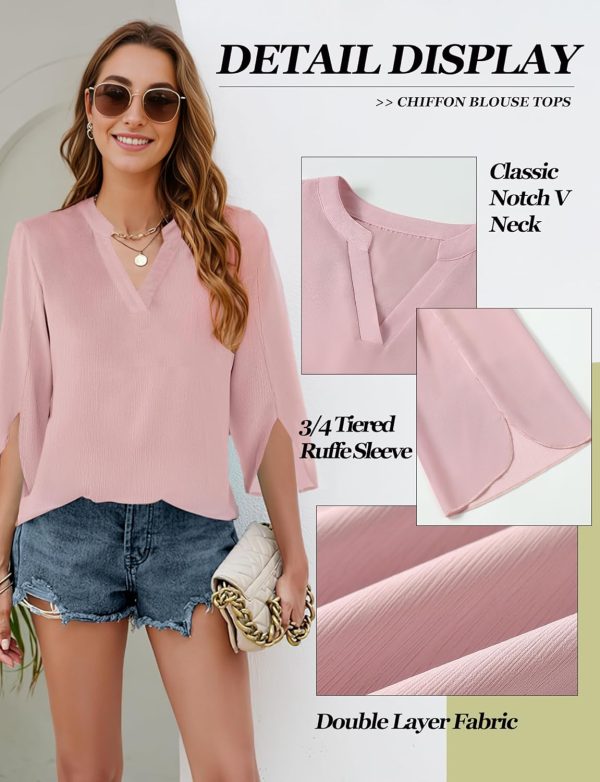 Women's 3/4 Sleeve Chiffon Blouses for Women Dressy Casual, V Neck Double Layers Chiffon Blouses 2024, Tunic Tops