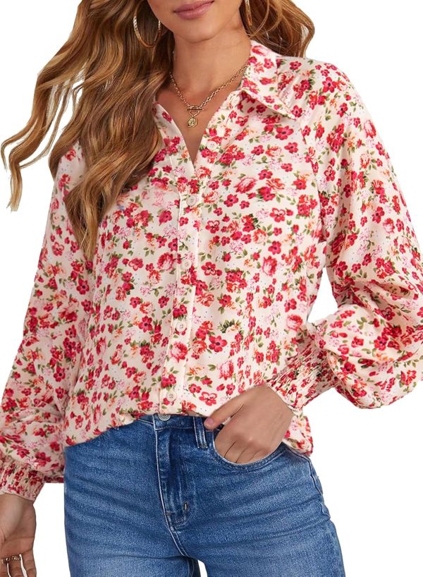 Women's Casual V Neck Allover Floral Print Long Sleeve Chiffon Button Down Blouses Bohemian Top Shirts