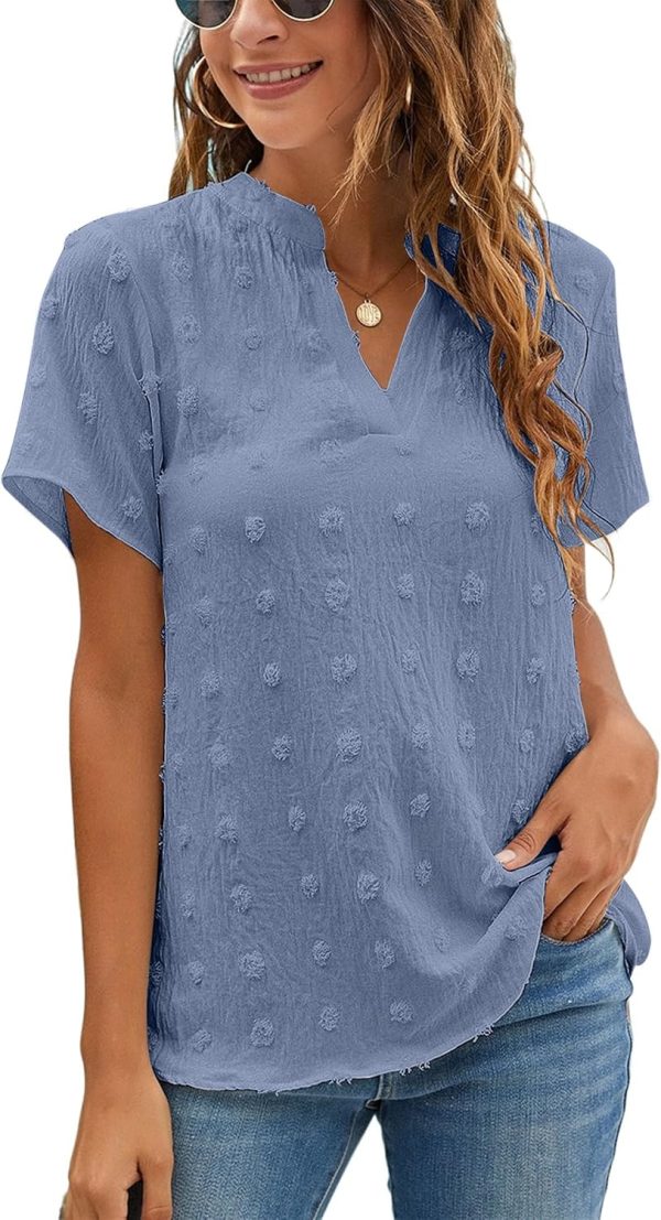Womens White Chiffon Blouses Short Sleeve V Neck Shirts Summer Casual Polka Dot Tops