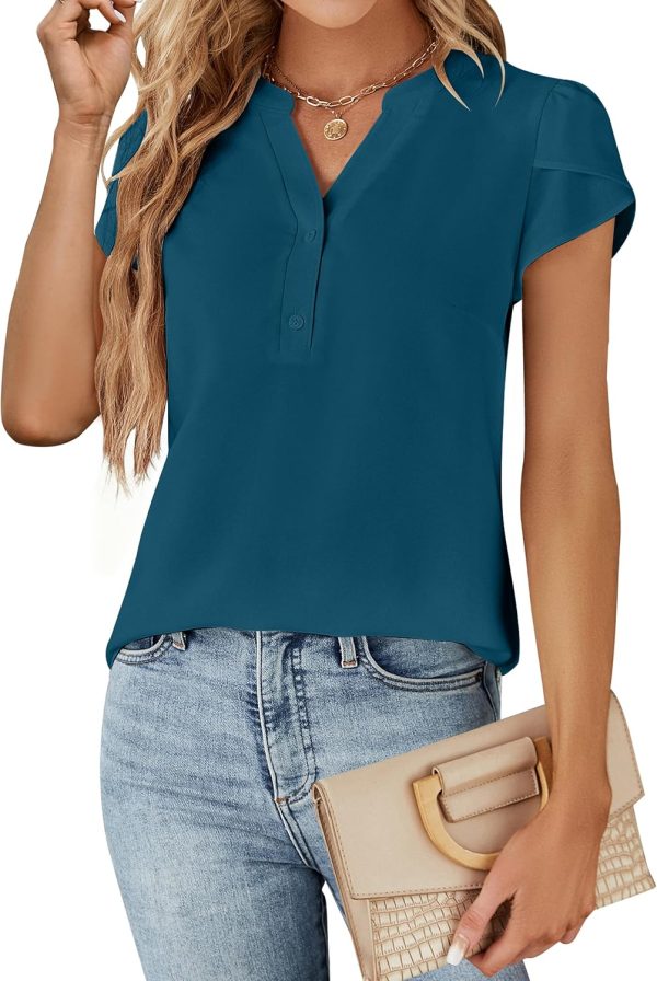 Womens Dressy Casual Tops Business Casual Cap Sleeve Work Blouses Chiffon V Neck Button Down Shirts