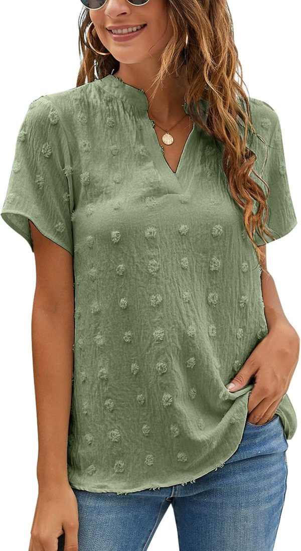 Womens White Chiffon Blouses Short Sleeve V Neck Shirts Summer Casual Polka Dot Tops