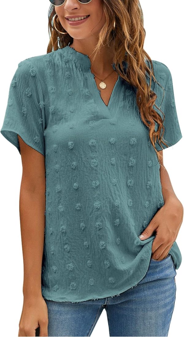 Womens White Chiffon Blouses Short Sleeve V Neck Shirts Summer Casual Polka Dot Tops
