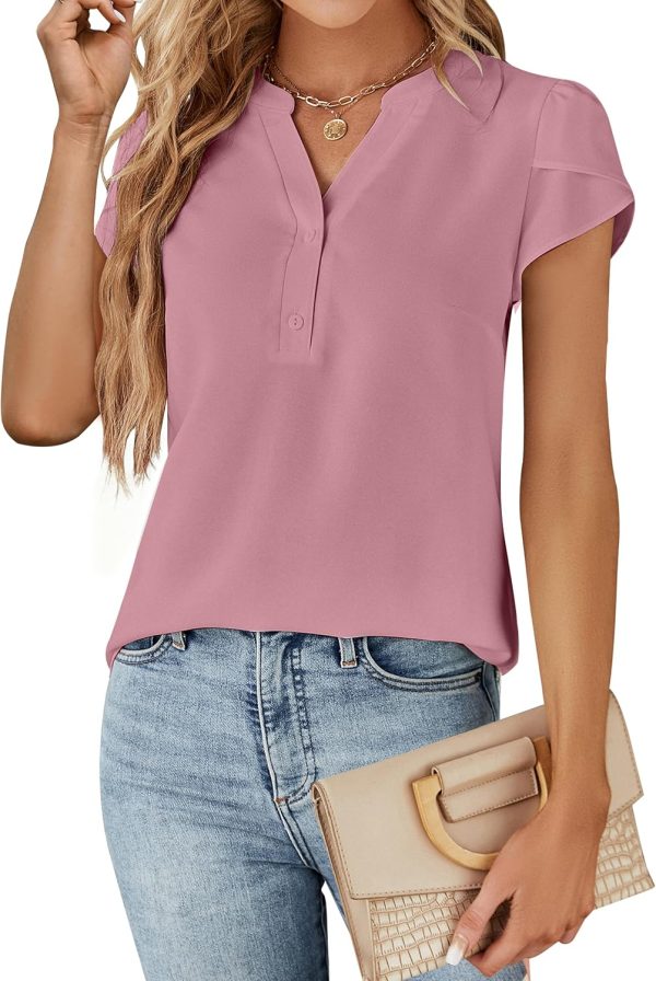 Womens Dressy Casual Tops Business Casual Cap Sleeve Work Blouses Chiffon V Neck Button Down Shirts