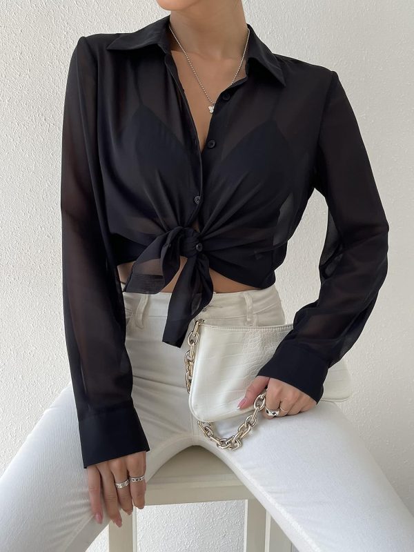 81Ld6zKVOuL._AC_SL1500.jpg Women's Sheer Mesh Button Up Shirt Long Sleeve See Through Blouse