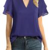 Womens Dressy Chiffon Blouses Summer Puff Petal Short Sleeve Shirts V Neck Casual Work Tops