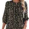 V Neck Puff 3/4 Length Sleeve Womens Tops Dressy Casual Chiffon Work Blouses Pleated T-Shirts Loose Fit S-XXL