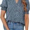 Womens Fashion Blouses Notched V Neck Puffer Short Sleeve Shirt Polka Dot Tops Chiffon Dressy Shirts
