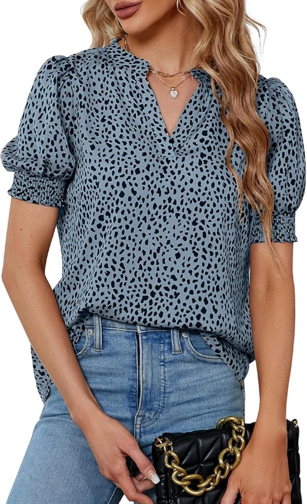 81RrNqpsEPL._AC_SL1500.jpg Womens Fashion Blouses Notched V Neck Puffer Short Sleeve Shirt Polka Dot Tops Chiffon Dressy Shirts