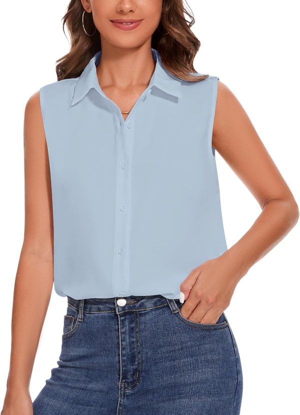 Womens Sleeveless Button Down Shirt Classic Collared Blouse Basic Tank Tops Work Office Chiffon Tops