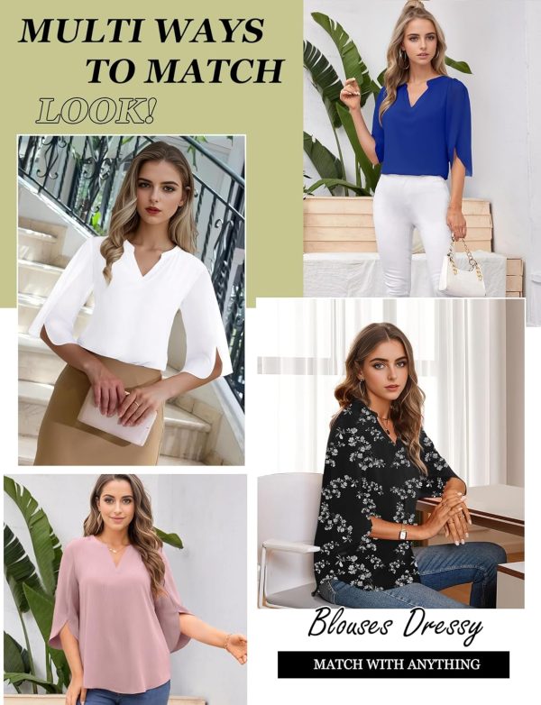 Women's 3/4 Sleeve Chiffon Blouses for Women Dressy Casual, V Neck Double Layers Chiffon Blouses 2024, Tunic Tops