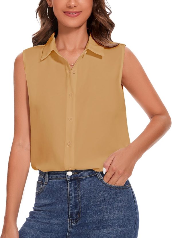 Womens Sleeveless Button Down Shirt Classic Collared Blouse Basic Tank Tops Work Office Chiffon Tops