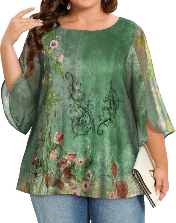 Womens Tops Dressy Casual Summer Chiffon Blouse 3/4 Sleeve Loose Mesh Tunic Shirts