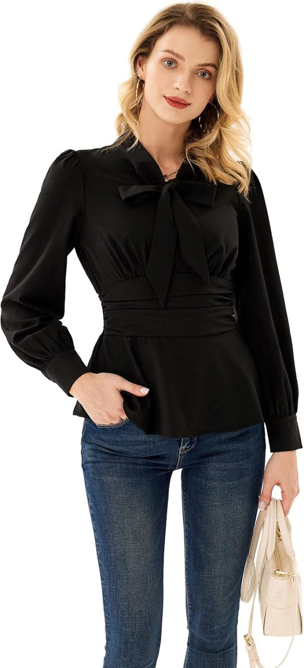 Women's Long Sleeve Peplum Dressy Shirt Office Bow Tie Work Blouses Tops Smocked Waist