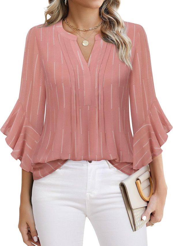 Women's 3/4 Sleeve Tops Dressy Casual Business Work Blouses Chiffon Office Shirts