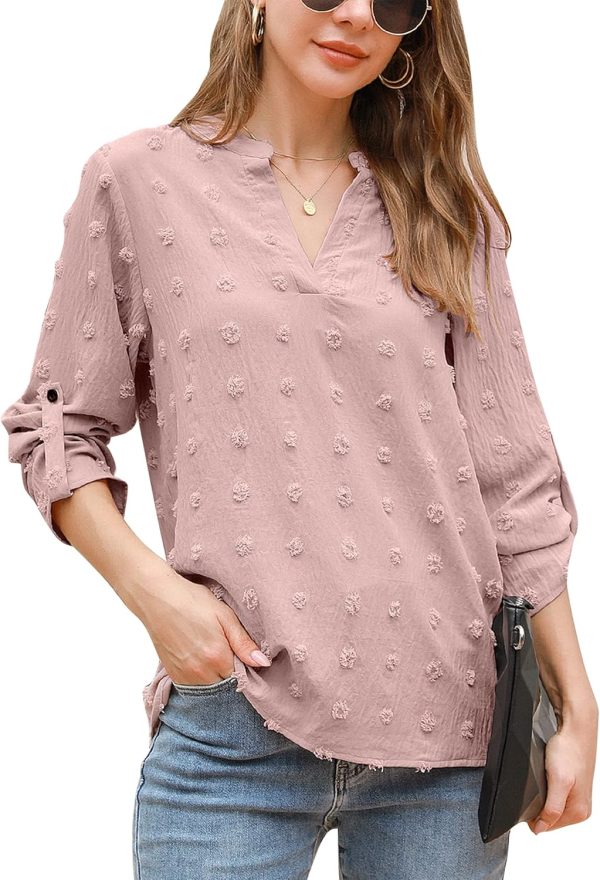 Womens White Chiffon Blouses Short Sleeve V Neck Shirts Summer Casual Polka Dot Tops