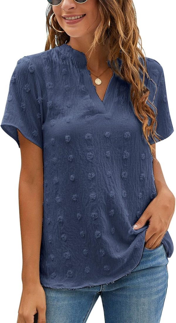 Womens White Chiffon Blouses Short Sleeve V Neck Shirts Summer Casual Polka Dot Tops