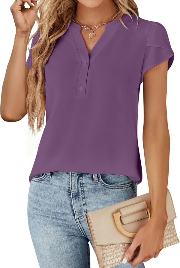 Womens Dressy Casual Tops Business Casual Cap Sleeve Work Blouses Chiffon V Neck Button Down Shirts