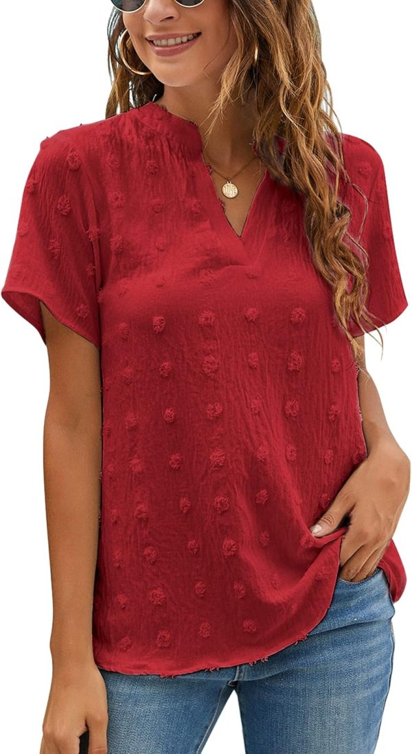 Womens White Chiffon Blouses Short Sleeve V Neck Shirts Summer Casual Polka Dot Tops
