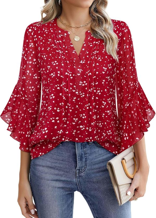Women's 3/4 Sleeve Tops Dressy Casual Business Work Blouses Chiffon Office Shirts