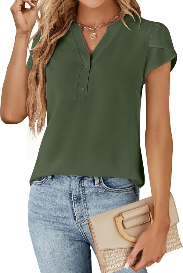 Womens Dressy Casual Tops Business Casual Cap Sleeve Work Blouses Chiffon V Neck Button Down Shirts