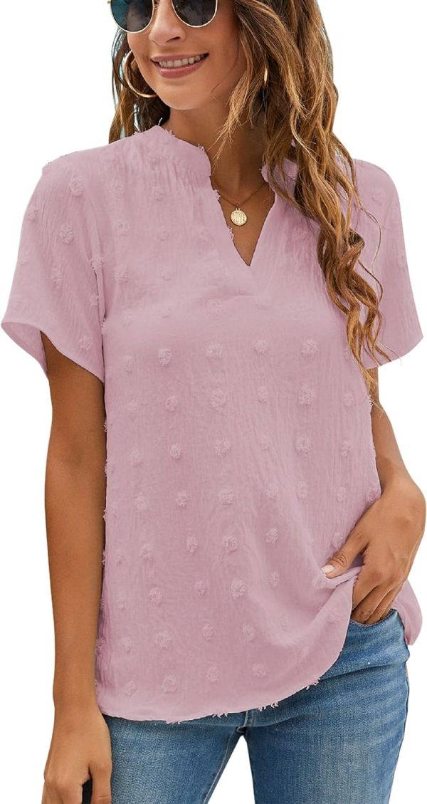 Womens White Chiffon Blouses Short Sleeve V Neck Shirts Summer Casual Polka Dot Tops