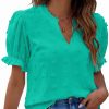 Womens Puff Sleeve Summer Tops Chiffon Short Sleeve Blouses White V Neck Pom Pom Shirts