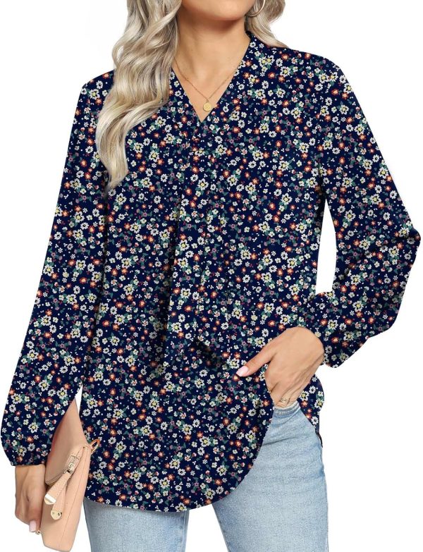 Women's Fall Long Sleeve Chiffon Blouse Winter V-Neck Tunic Tops Business Shirt