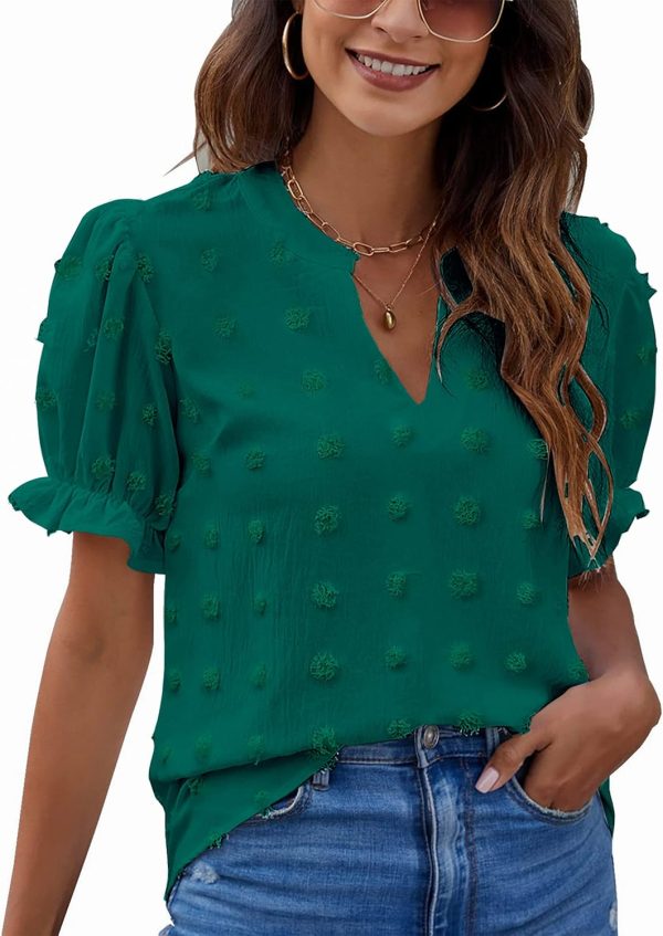 Womens Puff Sleeve Summer Tops Chiffon Short Sleeve Blouses White V Neck Pom Pom Shirts