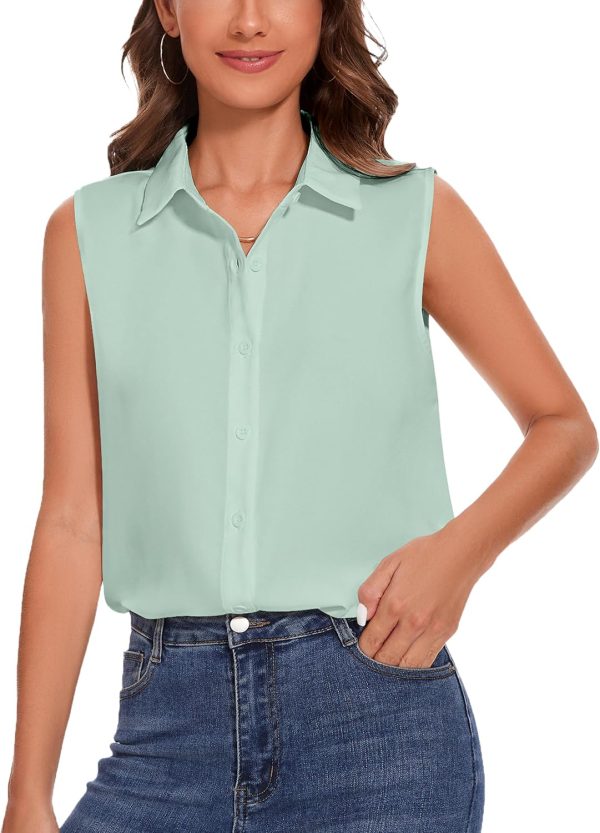 Womens Sleeveless Button Down Shirt Classic Collared Blouse Basic Tank Tops Work Office Chiffon Tops