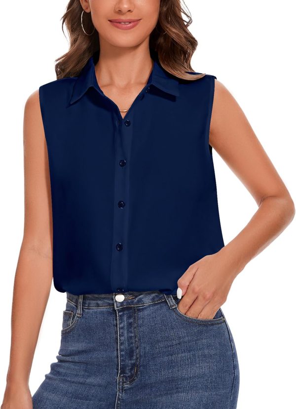 Womens Sleeveless Button Down Shirt Classic Collared Blouse Basic Tank Tops Work Office Chiffon Tops