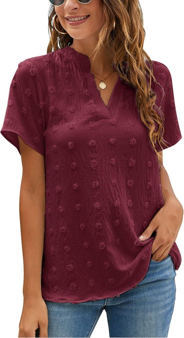 Womens White Chiffon Blouses Short Sleeve V Neck Shirts Summer Casual Polka Dot Tops