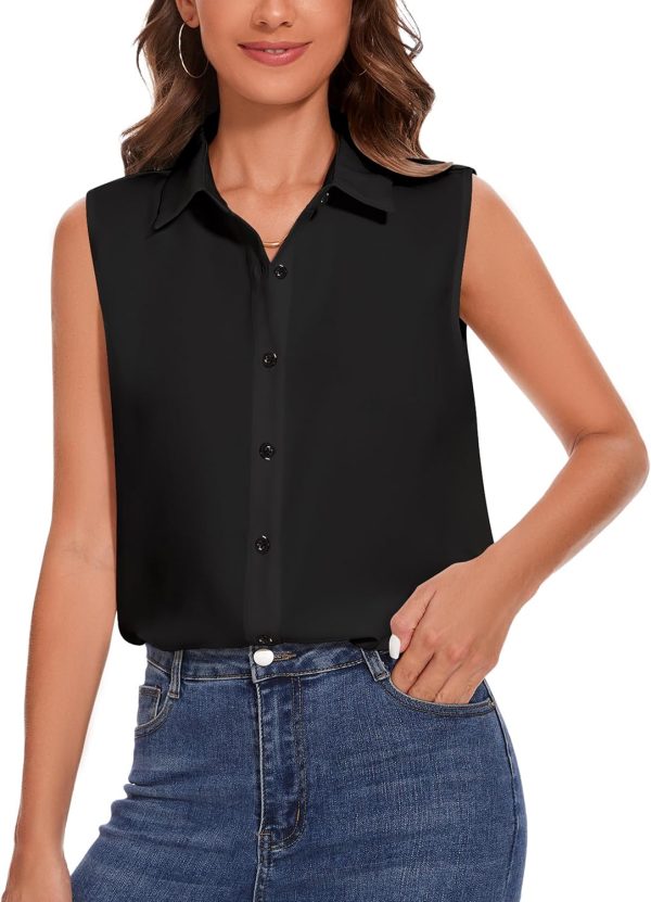 Womens Sleeveless Button Down Shirt Classic Collared Blouse Basic Tank Tops Work Office Chiffon Tops