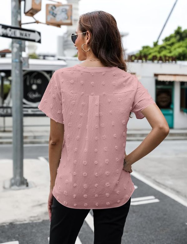 Womens White Chiffon Blouses Short Sleeve V Neck Shirts Summer Casual Polka Dot Tops