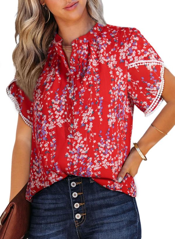 Womens Tops Summer Casual Boho Floral Print Short Sleeve Half Button Down V Neck Chiffon Blouses Shirts