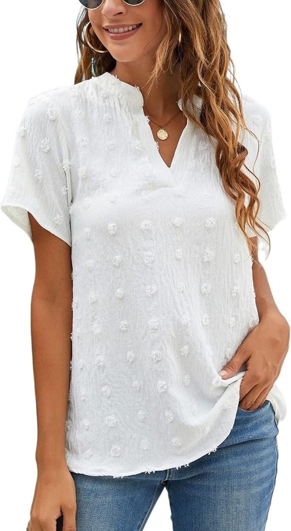Womens White Chiffon Blouses Short Sleeve V Neck Shirts Summer Casual Polka Dot Tops