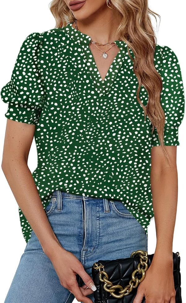 81zgo5zkXYL._AC_SL1500.jpg Womens Fashion Blouses Notched V Neck Puffer Short Sleeve Shirt Polka Dot Tops Chiffon Dressy Shirts