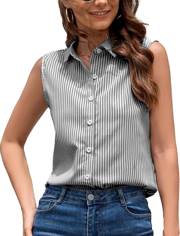 Womens Sleeveless Button Down Shirt Classic Collared Blouse Basic Tank Tops Work Office Chiffon Tops